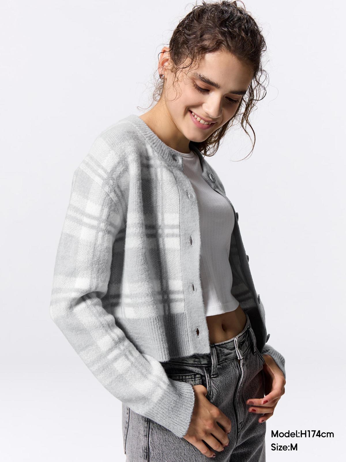 女裝PUFFY TOUCH 針織格紋圓領短版開襟外套| UQ 搜尋