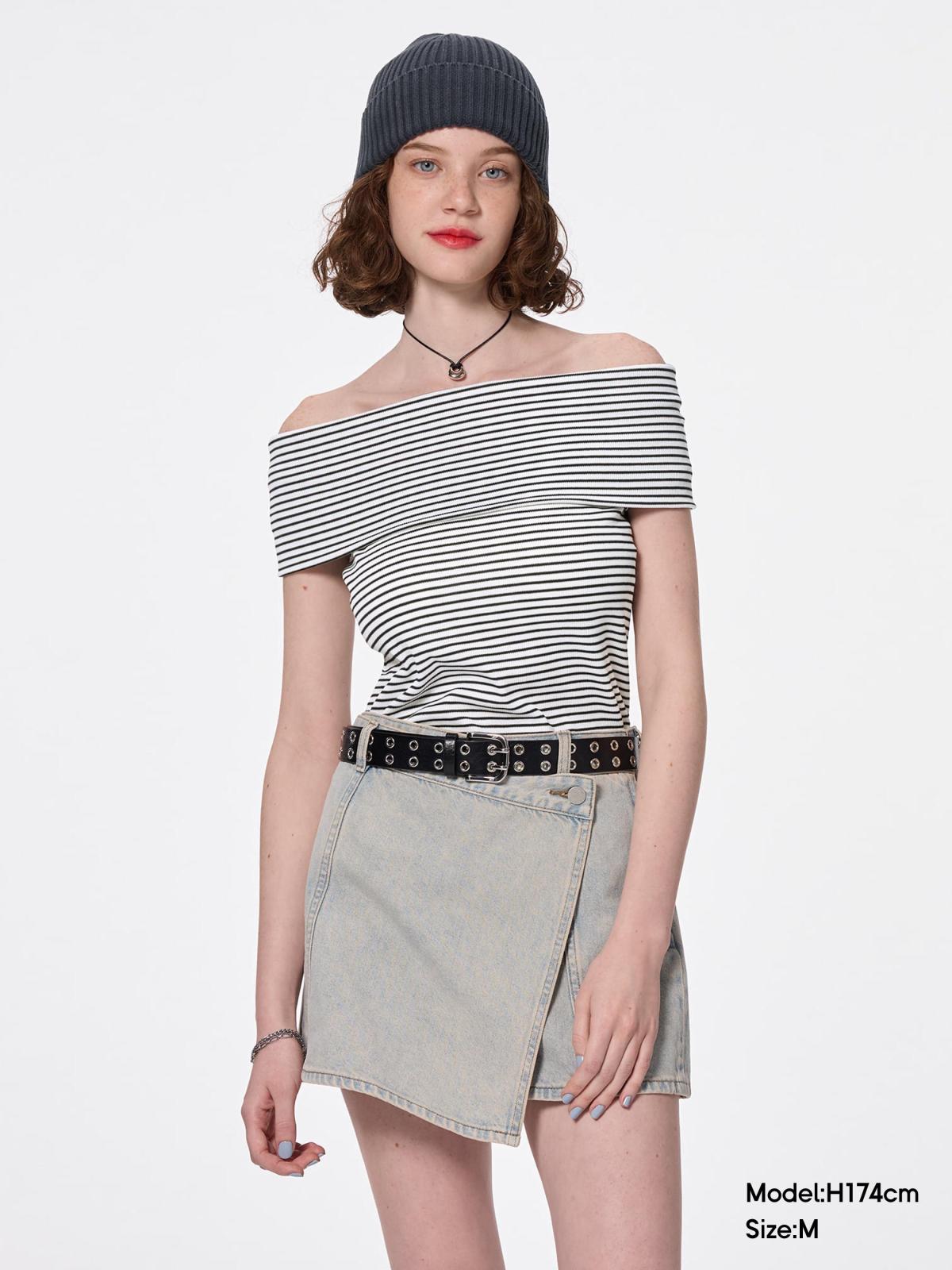 女裝 條紋一字領T恤